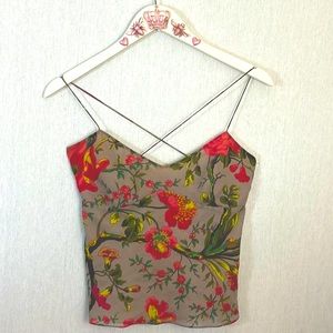 Jaeger floral silk back criss-cross spaghetti strap crop top